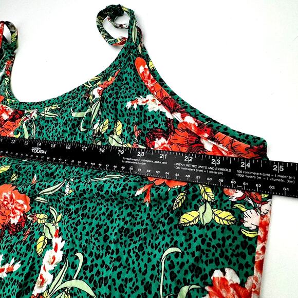 TORRID 3X Green Floral Leopard Print Midi Dress Sleeveless Tiered Ruffle Pockets - Picture 7 of 9